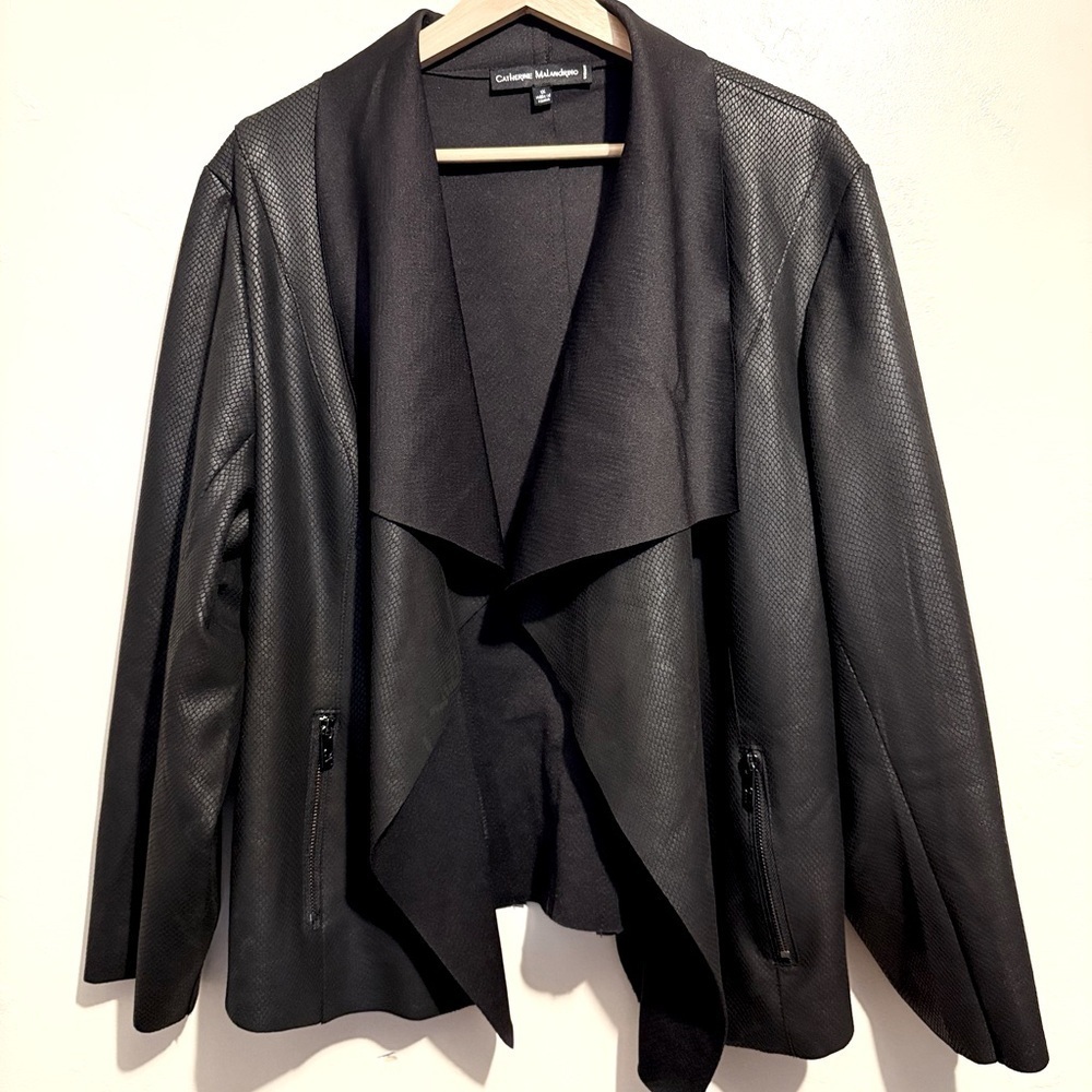 Catherine Malandrino Jacket 1X Black Faux Leather Snake Print Draped Open Front